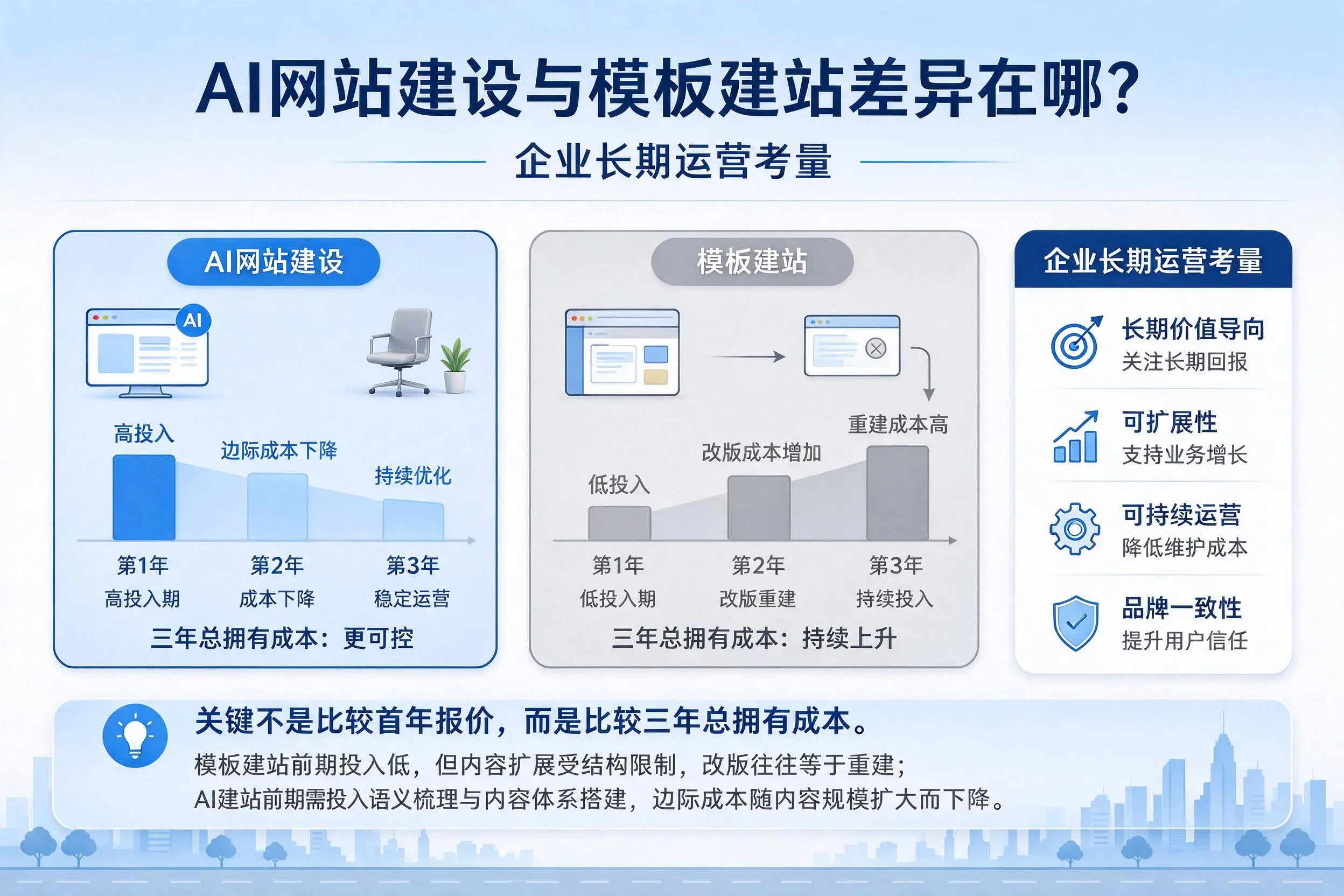 AI网站建设与模板建站差异在哪?陵水企业长期运营考量