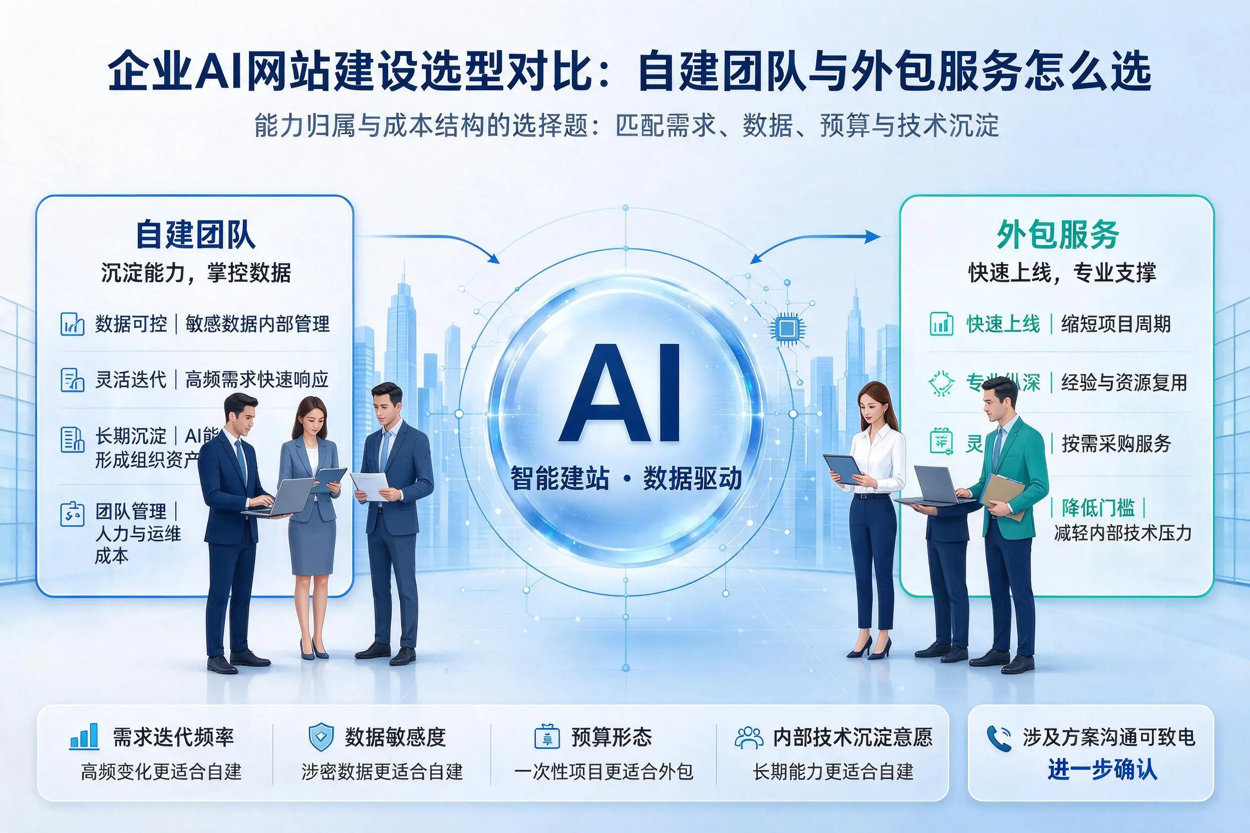 陵水企业AI网站建设选型对比：自建团队与外包服务怎么选